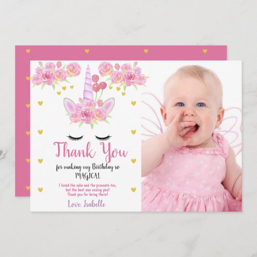 Cute Eenhoorn Roze Bloemen Foto Verjaardag Bedankkaart (Voorkant / Achterkant)