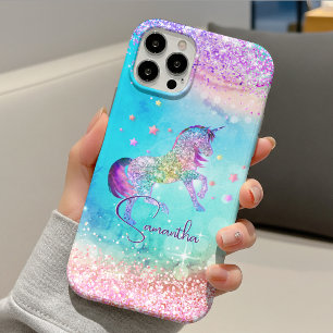 Cute eenhoorn roze Glitter regenboog aqua monogram Case-Mate iPhone Case