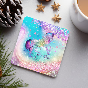 Cute eenhoorn roze Glitter regenboog aqua monogram Kartonnen Onderzetters