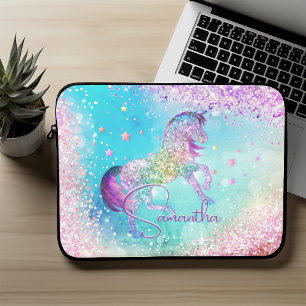 Cute eenhoorn roze Glitter regenboog aqua monogram Laptop Sleeve