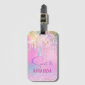 Cute eenhoorn roze glitters birthday monogram bagagelabel (Voorkant (verticaal))