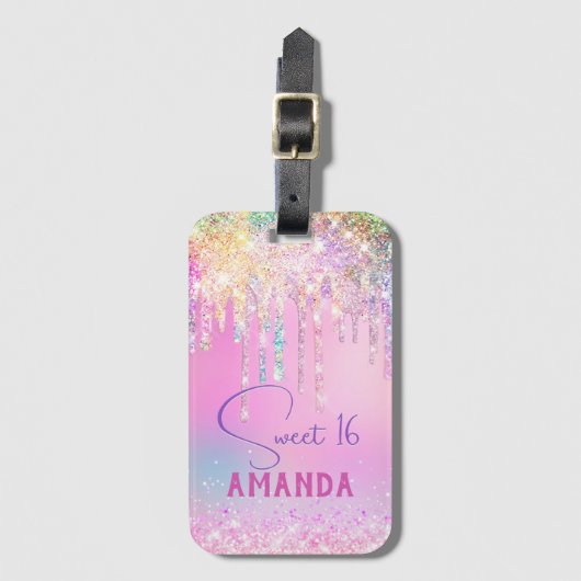 Cute eenhoorn roze glitters birthday monogram bagagelabel (Voorkant (verticaal))