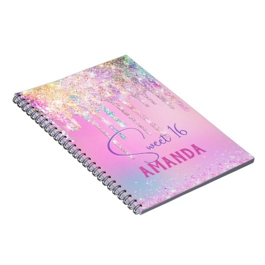 Cute eenhoorn roze glitters verjaardag monogram notitieboek (Rechterzijde)