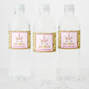 Cute Eenhoorn Roze Goud Glitters Quinceañera Waterfles Etiket