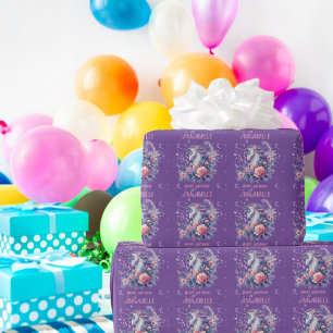 Cute Eenhoorn Roze Paarse Glitters Meisjes Verjaar Cadeaupapier