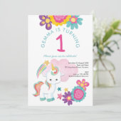 Cute Eenhoorn Roze Turkoois Meisje 1e Verjaardagsf Kaart (Staand voorkant)