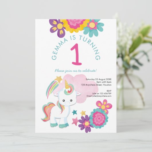 Cute Eenhoorn Roze Turkoois Meisje 1e Verjaardagsf Kaart (Staand voorkant)