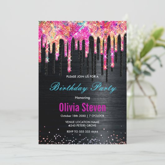 Cute eenhoorn zwarte glitters geboortemonogram kaart (Staand voorkant)