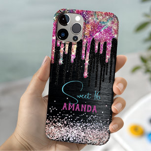 Cute eenhoorn zwarte glitters verjaardag monogram iPhone 15 case