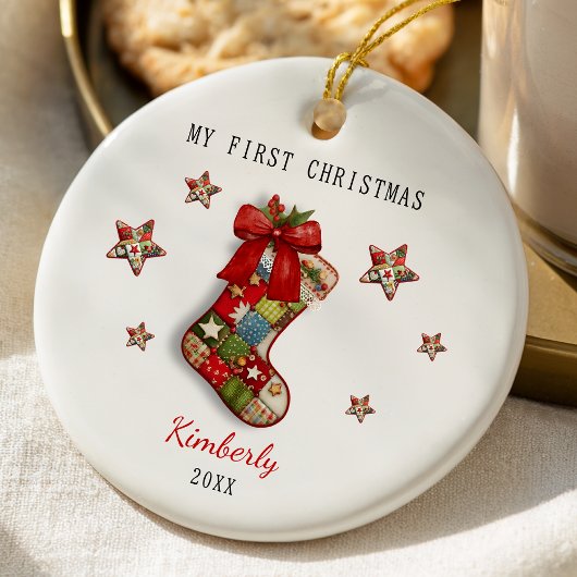 Cute eerste baby kerst patchwork kous keramisch ornament