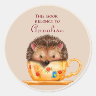 Cute egel op een mok boeknaamplaat ronde sticker