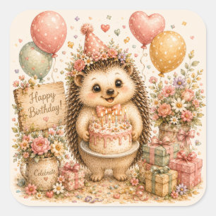 Cute Egel Verjaardag Taart Ballonnen Cottage Vierkante Sticker