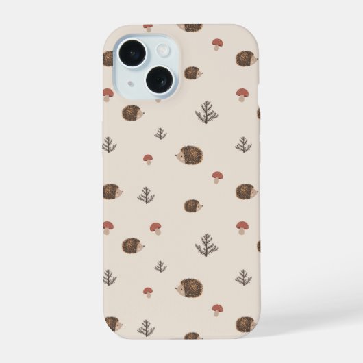 Cute Egeltje en Paddenstoelen Bos Patroon iPhone 15 Case (Achterkant)