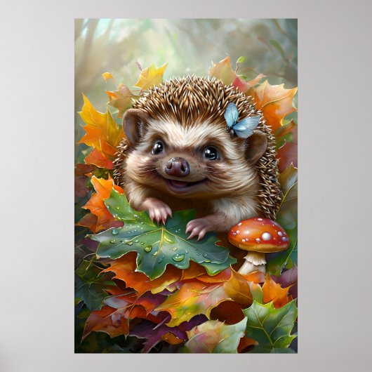 Cute Egeltje in Herfstbladeren – Bos Kunst Poster (Voorkant)