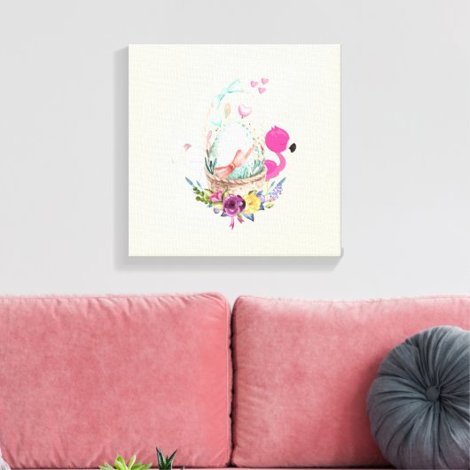 Cute Egg, Roze Flamingo & Bunny, Waterverf Canvas Afdruk (Insitu (Woonkamer))