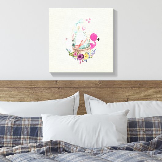 Cute Egg, Roze Flamingo & Bunny, Waterverf Canvas Afdruk (Insitu (Slaapkamer))