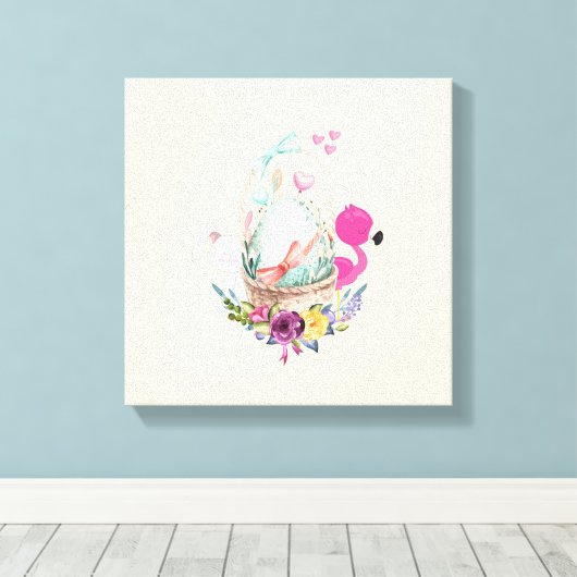 Cute Egg, Roze Flamingo & Bunny, Waterverf Canvas Afdruk (Insitu (Houten vloer))