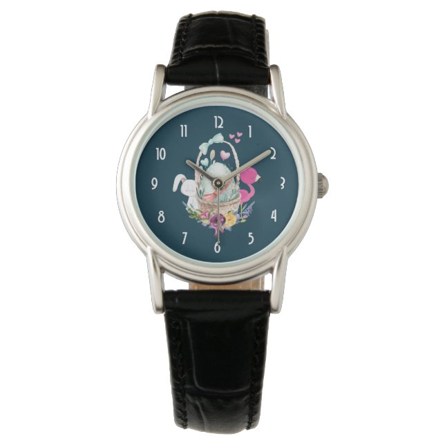 Cute Egg, Roze Flamingo & Bunny, Waterverf Horloge (Voorkant)