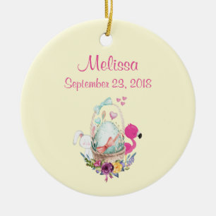 Cute Egg, Roze Flamingo & Bunny, Waterverf Keramisch Ornament