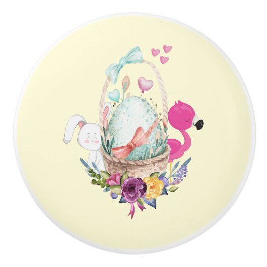 Cute Egg, Roze Flamingo & Bunny, Waterverf Keramische Knop (Voorkant)