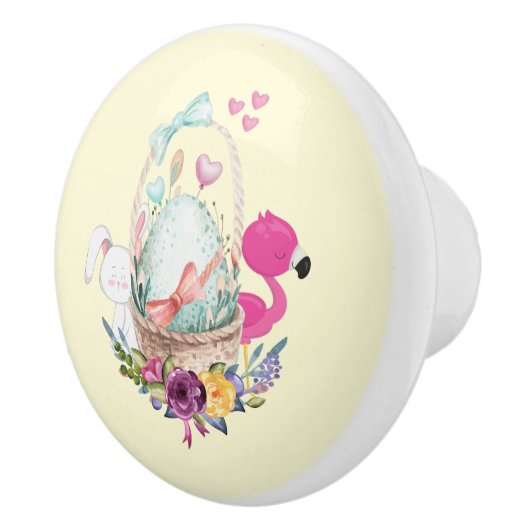 Cute Egg, Roze Flamingo & Bunny, Waterverf Keramische Knop (Rechts)