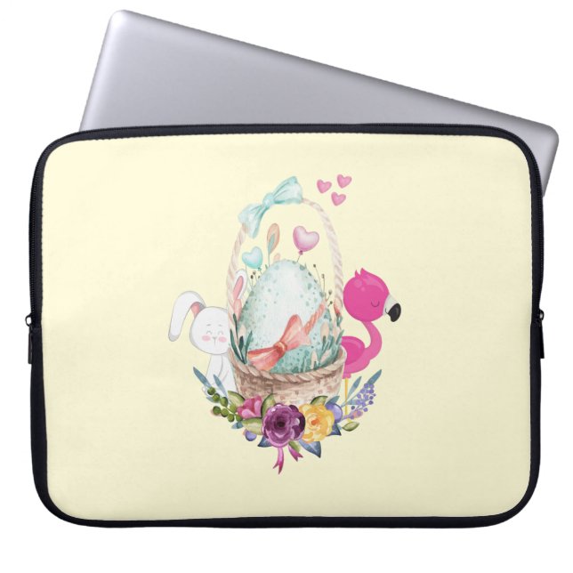 Cute Egg, Roze Flamingo & Bunny, Waterverf Laptop Sleeve (Voorkant)