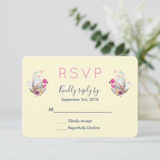 Cute Egg, Roze Flamingo & Bunny Waterverf RSVP (Staand voorkant)
