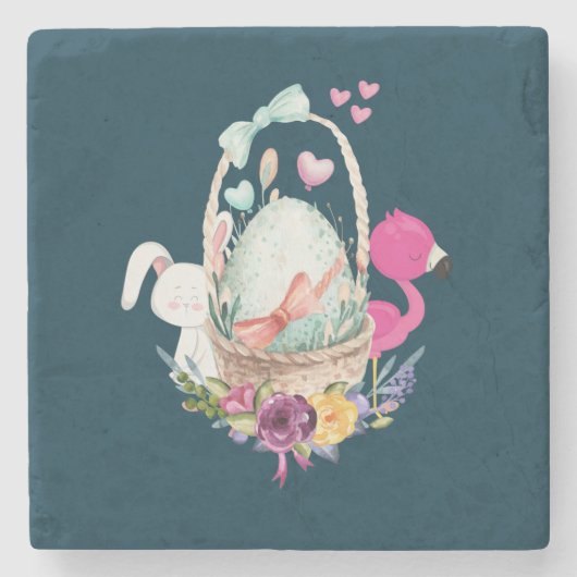 Cute Egg, Roze Flamingo & Bunny, Waterverf Stenen Onderzetter (Voorkant)