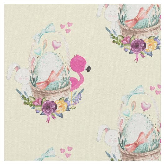 Cute Egg, Roze Flamingo & Bunny, Waterverf Stof (Close Up)