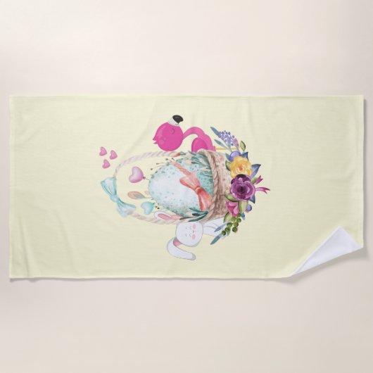 Cute Egg, Roze Flamingo & Bunny, Waterverf Strandlaken (Voorkant)