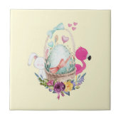 Cute Egg, Roze Flamingo & Bunny, Waterverf Tegeltje (Voorkant)