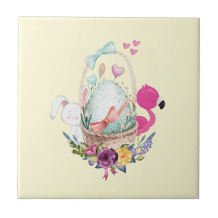 Cute Egg, Roze Flamingo & Bunny, Waterverf Tegeltje