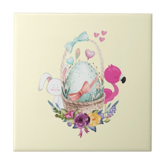 Cute Egg, Roze Flamingo & Bunny, Waterverf Tegeltje (Voorkant)