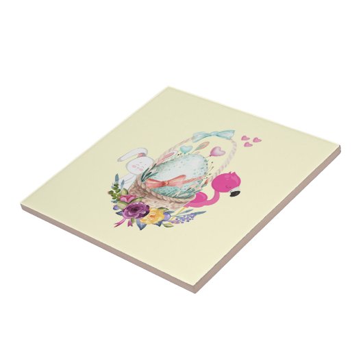 Cute Egg, Roze Flamingo & Bunny, Waterverf Tegeltje (Zijkant)