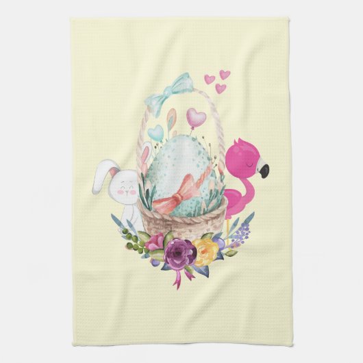Cute Egg, Roze Flamingo & Bunny, Waterverf Theedoek (Verticaal)