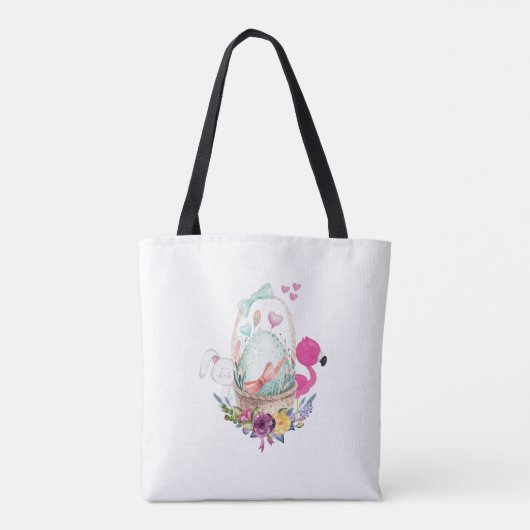 Cute Egg, Roze Flamingo & Bunny, Waterverf Tote Bag (Achterkant)