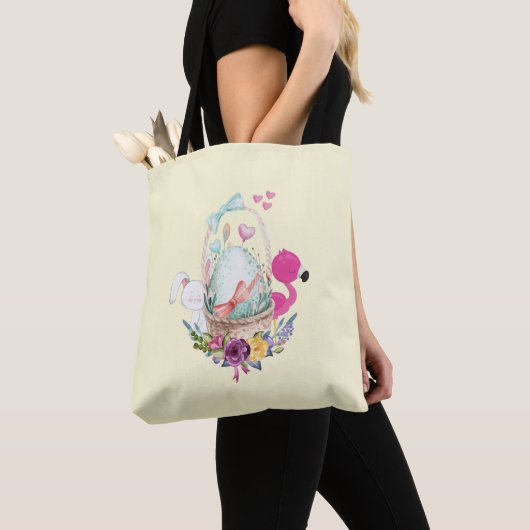 Cute Egg, Roze Flamingo & Bunny, Waterverf Tote Bag (Dichtbij)