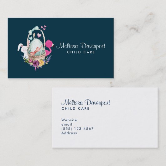 Cute Egg, Roze Flamingo & Bunny Waterverf Visitekaartje (Voorkant / Achterkant)