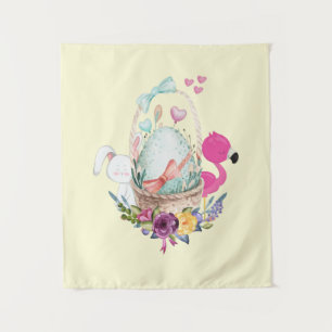 Cute Egg, Roze Flamingo & Bunny, Waterverf Wandkleed