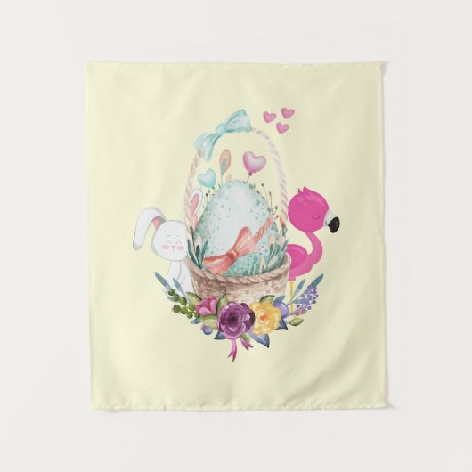 Cute Egg, Roze Flamingo & Bunny, Waterverf Wandkleed (Voorkant)