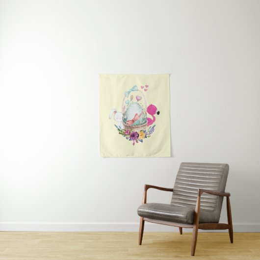 Cute Egg, Roze Flamingo & Bunny, Waterverf Wandkleed (In situ)