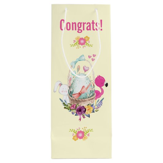 Cute Egg, Roze Flamingo & Bunny, Waterverf Wijn Cadeautas (Achterkant)