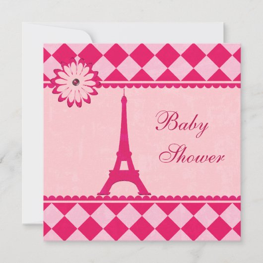 Cute Eiffel Tower Argyle Roze Baby shower Kaart (Voorkant)