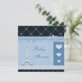 Cute Eiffel Tower Blue Polka Dots Baby shower Kaart (Staand voorkant)