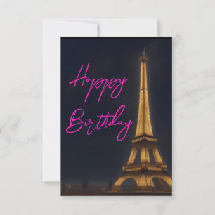 Cute Eiffel Tower Pink Happy Birthday Post Kaart