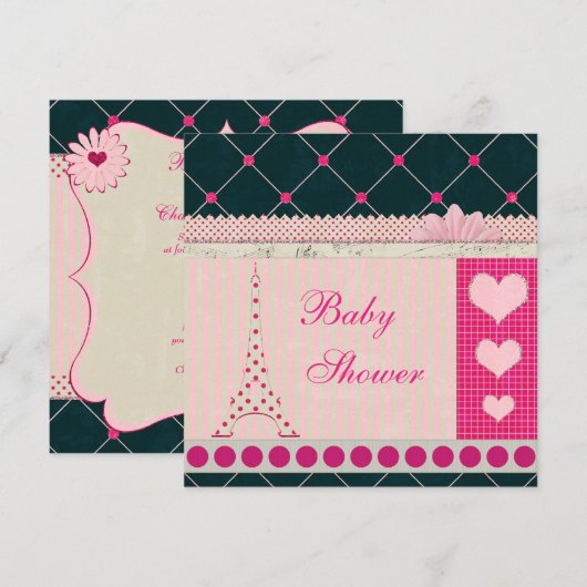 Cute Eiffel Tower Pink Polka Dots Baby shower Kaart (Voorkant / Achterkant)