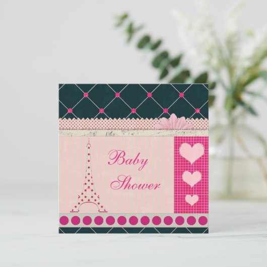 Cute Eiffel Tower Pink Polka Dots Baby shower Kaart (Staand voorkant)