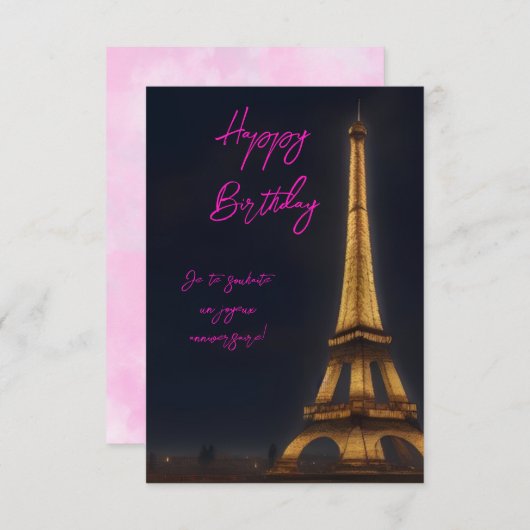 Cute Eiffel Tower Pink Script Happy Birthday Bedankkaart (Voorkant / Achterkant)