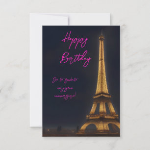 Cute Eiffel Tower Pink Script Happy Birthday Bedankkaart