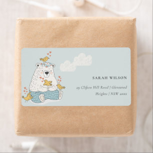 Cute Elegant Aqua Blue Beer Heart Birds Address Etiket